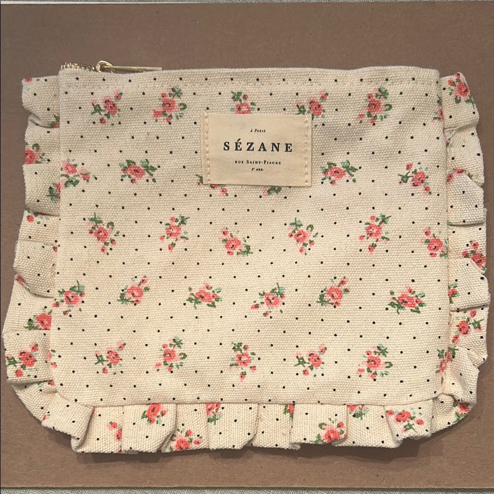 Sezane Floral Ruffle Clutch - Cream and Pink